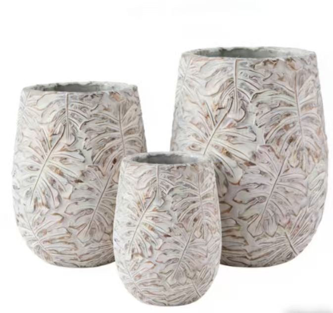 White Leaf Relief Planter Set