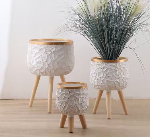Stone Ribbed Tripod Planter Set